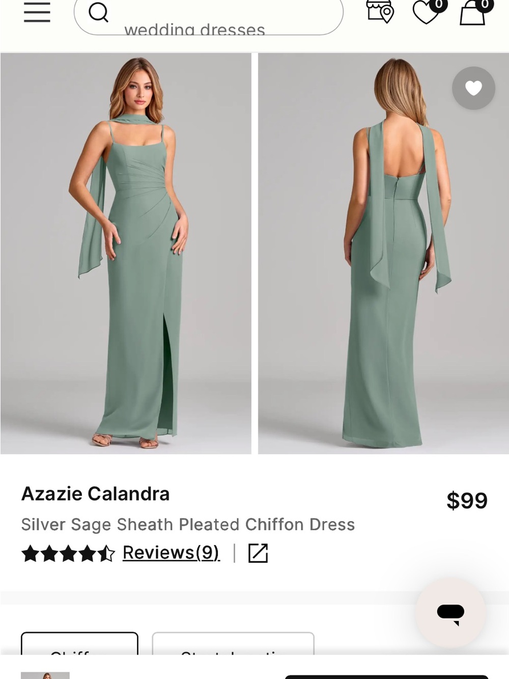 Azazie Calandra Silver Sage Chiffon Sheath Dress